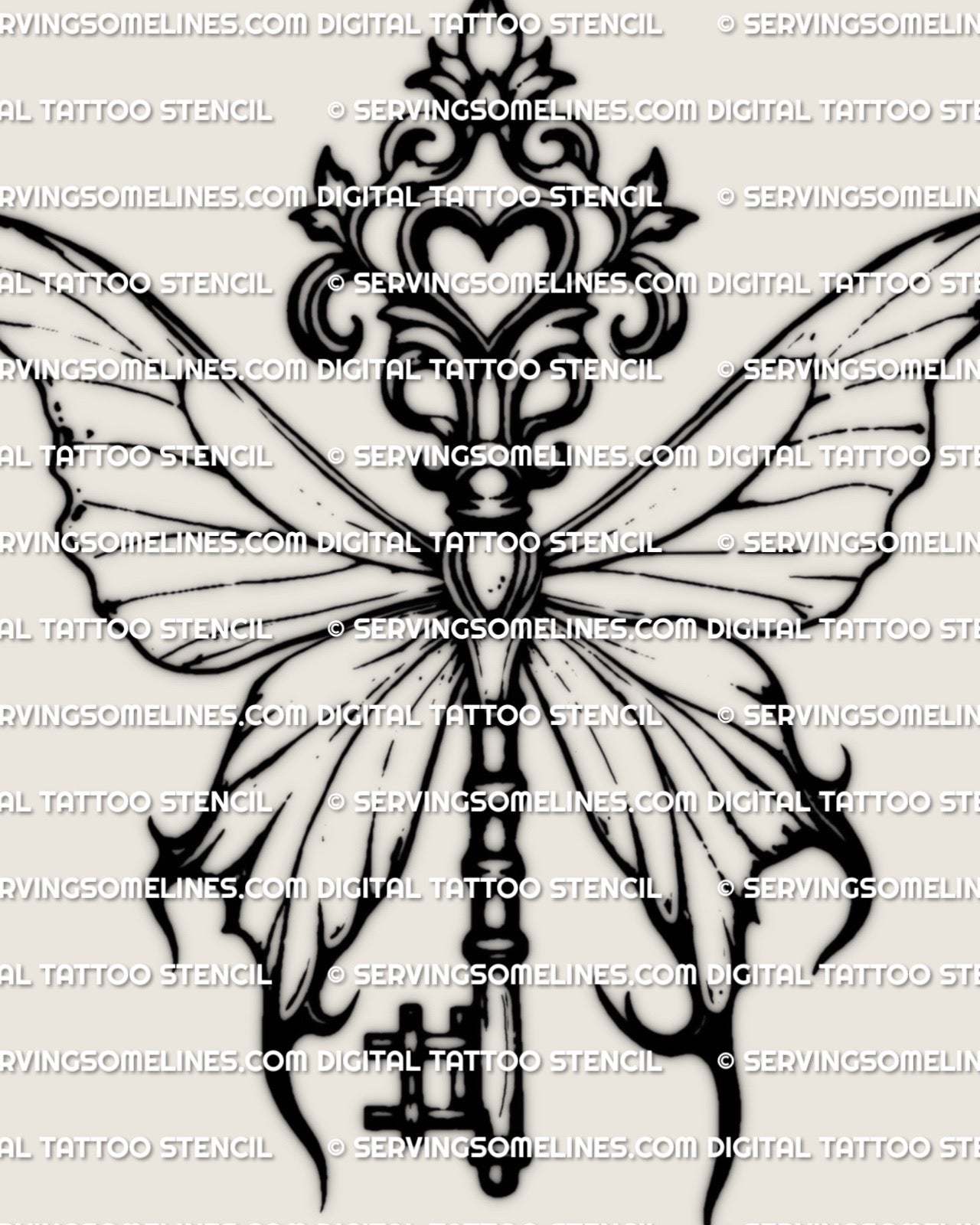 Butterfly key tattoo stencil, gothic butterfly wings fused into antique crest key, isolated design on light background.