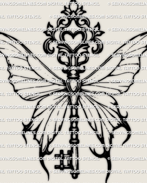 Butterfly key tattoo stencil, gothic butterfly wings fused into antique crest key, isolated design on light background.