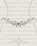 Butterfly lower back tattoo stencil displayed on female lower back example, with wide wings and soft decorative framing.
