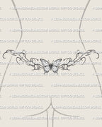 Butterfly lower back tattoo stencil displayed on female lower back example, with wide wings and soft decorative framing.