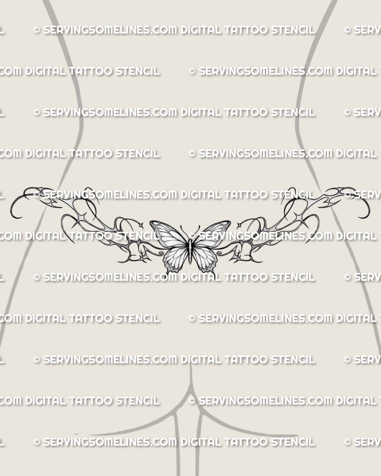 Butterfly lower back tattoo stencil displayed on female lower back example, with wide wings and soft decorative framing.