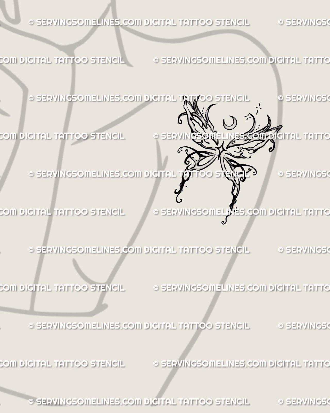 Whimsical butterfly tattoo on woman’s arm with crescent moon and fairy wings, soft celestial feminine tattoo idea.