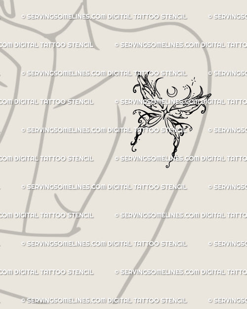 Whimsical butterfly tattoo on woman’s arm with crescent moon and fairy wings, soft celestial feminine tattoo idea.
