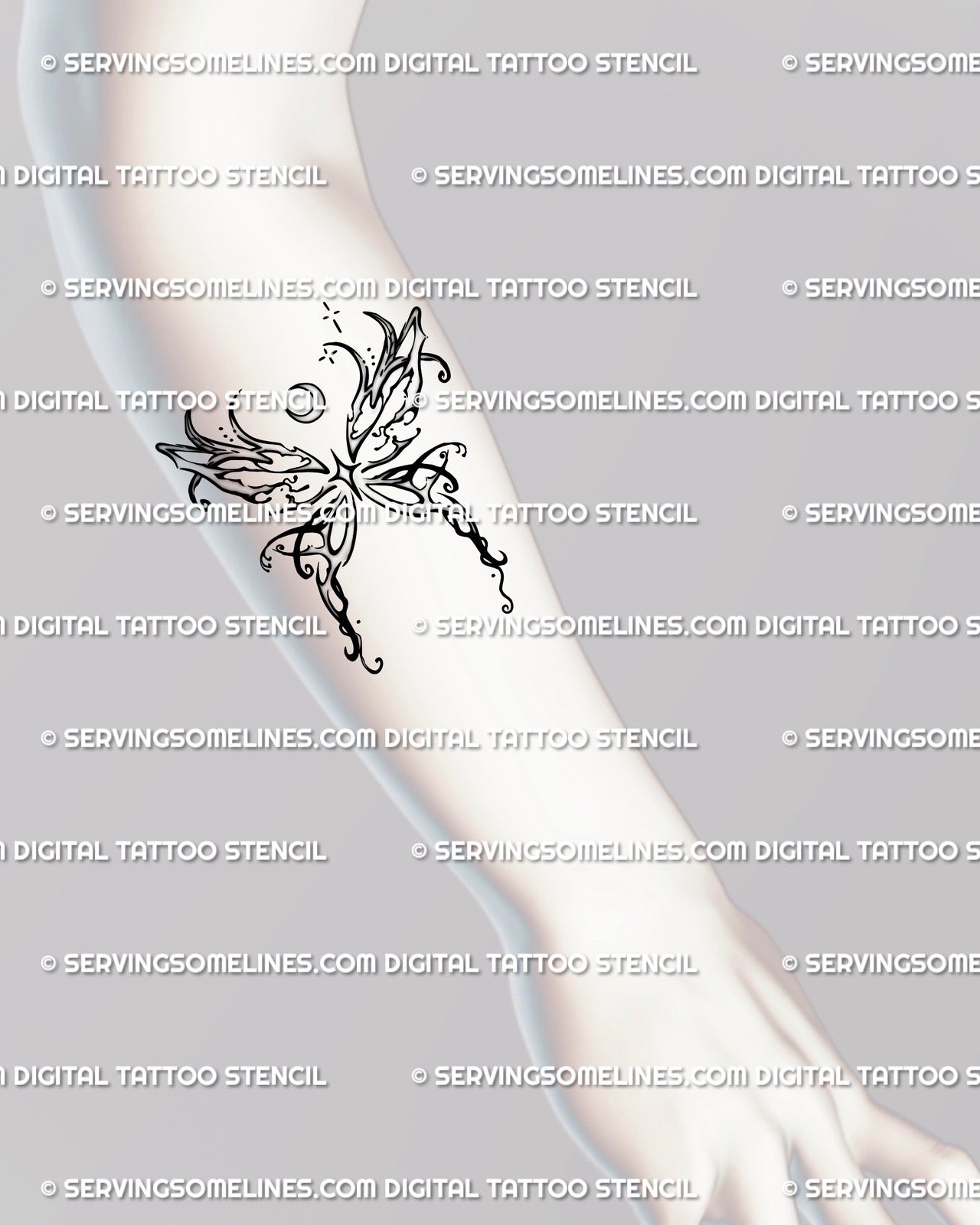 Digital butterfly tattoo stencil with moon accent on forearm, whimsical linework and airy fairy wings for feminine vibe.