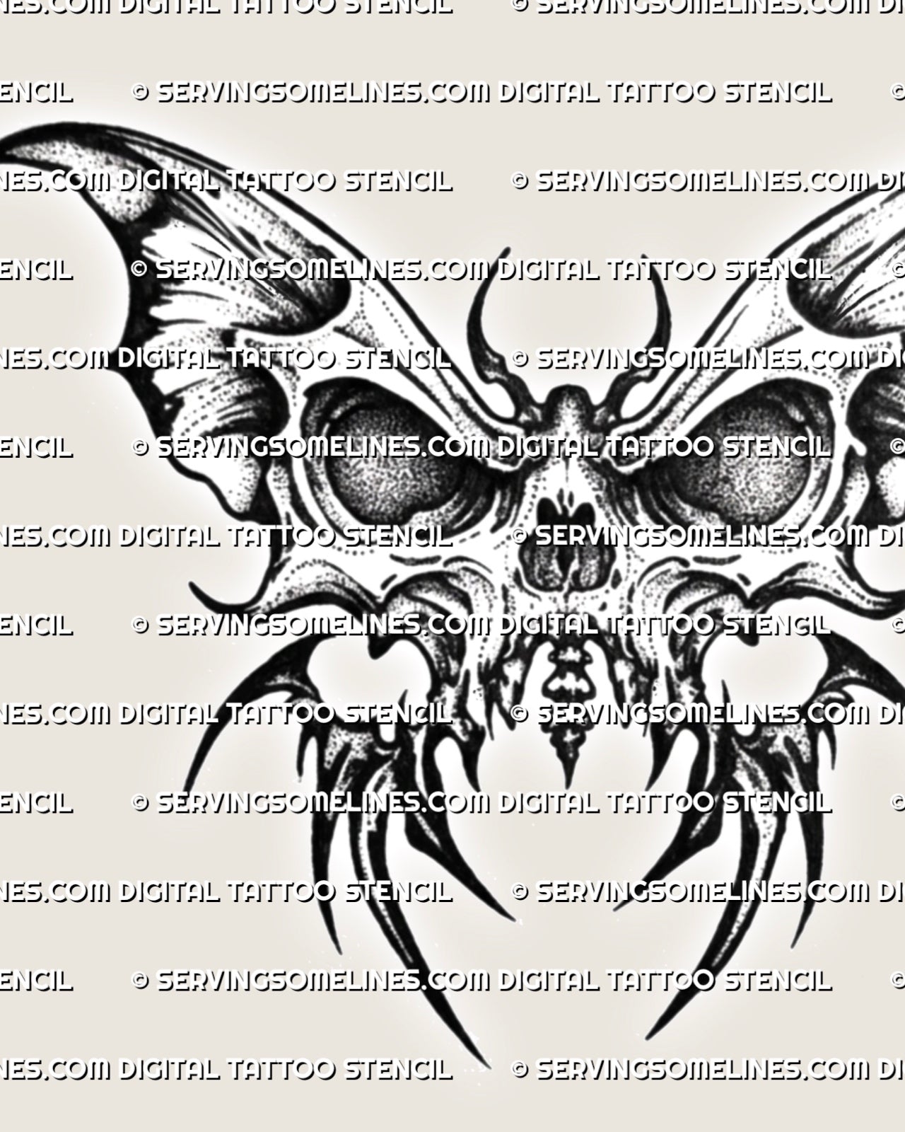 Butterfly skull stencil with black eye sockets and sharp wing panels, dark tattoo stencil download file.