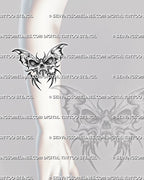 Butterfly skull stencil shown on forearm, with clear skull center, sharp wing shape, and dark butterfly tattoo design detail.