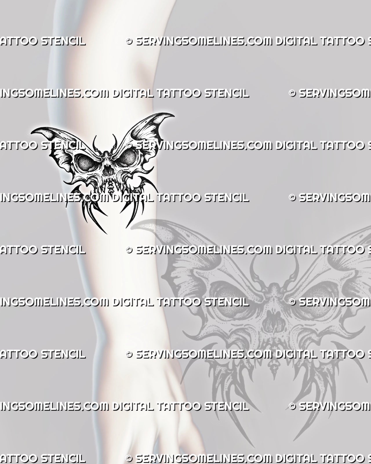 Butterfly skull stencil shown on forearm, with clear skull center, sharp wing shape, and dark butterfly tattoo design detail.