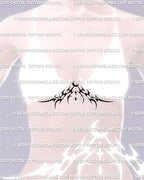 Small crescent moon underbust tattoo stencil on woman, shown in feminine neotribal style with clean rib contour flow.