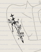 Butterfly sword tattoo stencil displayed on woman’s arm placement, digital fine line design with delicate dagger and butterflies.