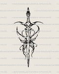 Neotribal butterfly sword tattoo stencil with cyber sigil heart and ornamental wings in fine-line digital tattoo design.