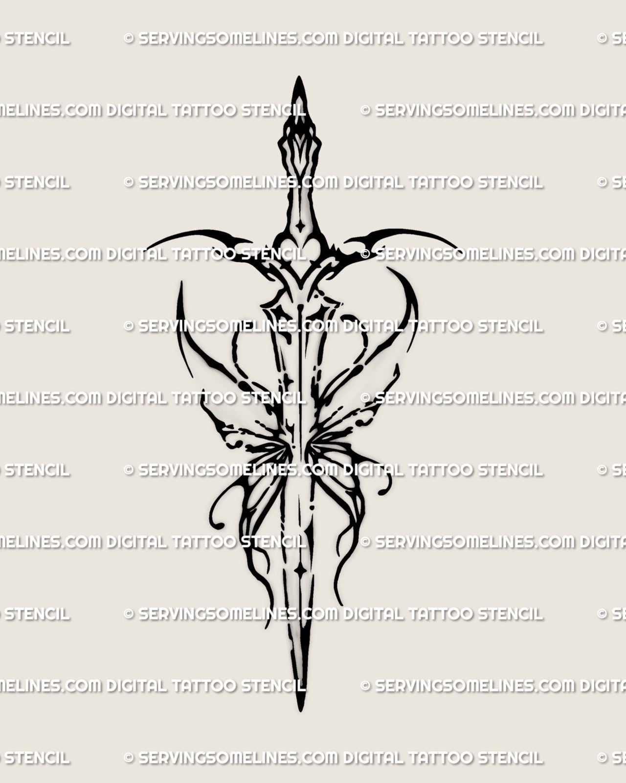 Neotribal butterfly sword tattoo stencil with cyber sigil heart and ornamental wings in fine-line digital tattoo design.