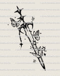 Hand-drawn butterfly sword tattoo stencil in fine line art, showing small feminine dagger with sparkles and flying butterflies.