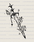 Hand-drawn butterfly sword tattoo stencil in fine line art, showing small feminine dagger with sparkles and flying butterflies.