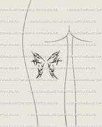 Feminine butterfly thigh tattoo stencil with graceful cybersigilism flow, small abstract fine-line design for leg placement