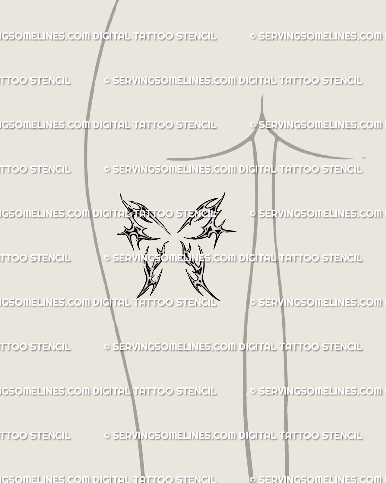 Feminine butterfly thigh tattoo stencil with graceful cybersigilism flow, small abstract fine-line design for leg placement