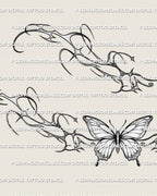Close detail of butterfly tramp stamp tattoo stencil, showing soft wing shapes and a wide lower back composition.