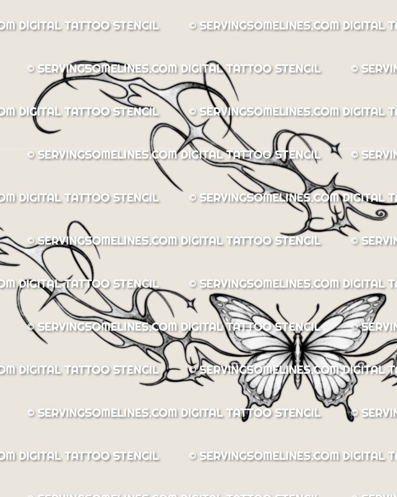 Close detail of butterfly tramp stamp tattoo stencil, showing soft wing shapes and a wide lower back composition.