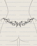 Feminine butterfly tramp stamp tattoo design on lower back, soft fairycore and neotribal linework creating elegant symmetrical flow. 