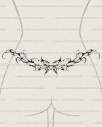 Feminine butterfly tramp stamp tattoo design on lower back, soft fairycore and neotribal linework creating elegant symmetrical flow. 