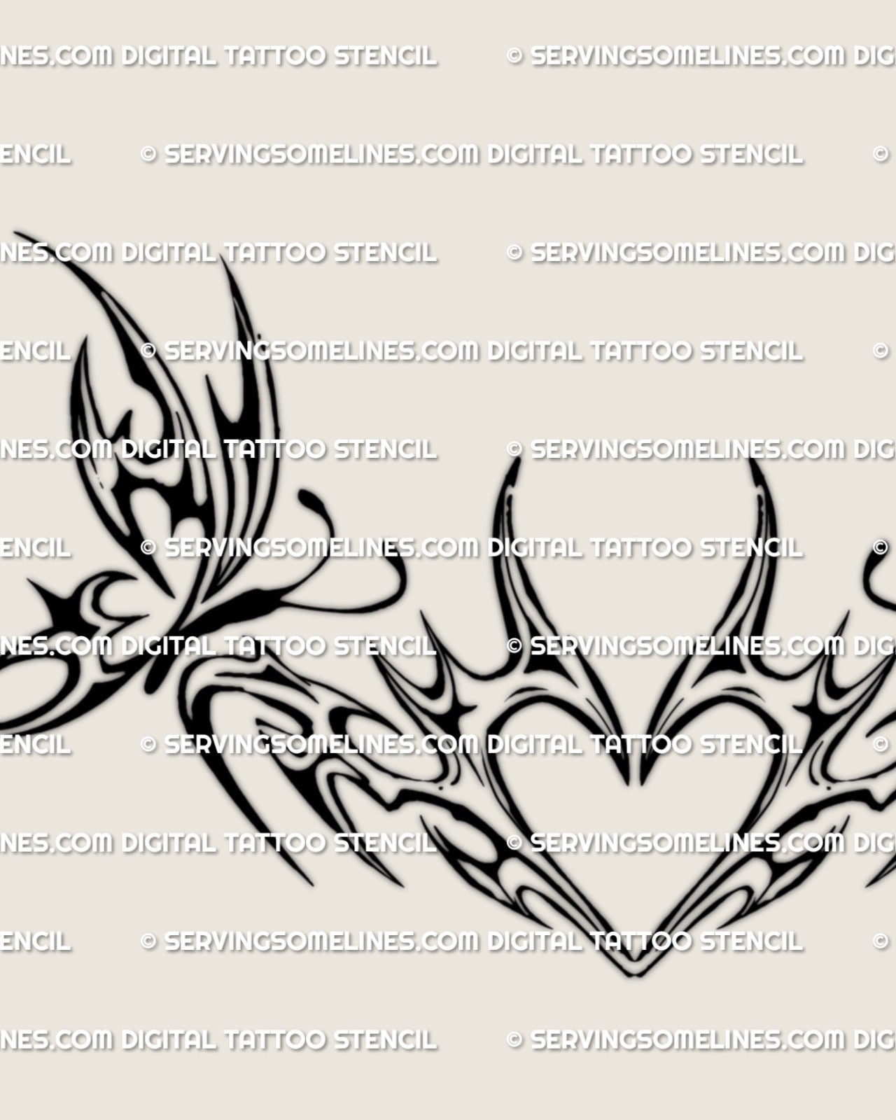 flat stencil of a butterfly tribal heart tattoo design with fine line curves and modern y2k tribal detailing intended for lower back placement
