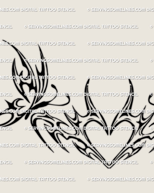 flat stencil of a butterfly tribal heart tattoo design with fine line curves and modern y2k tribal detailing intended for lower back placement
