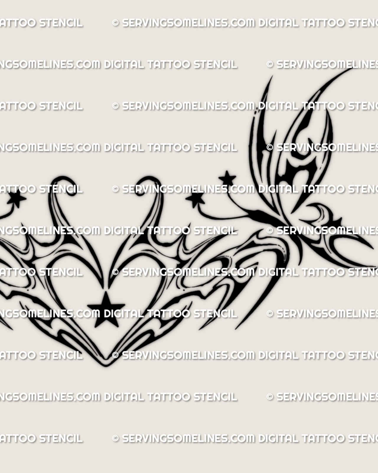 fine line cyber tribal heart and butterfly womb tattoo stencil with small star details displayed as a clean flat digital design
