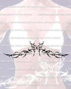 Butterfly underbust tattoo stencil on woman, shown in cybersigilism and neotribal chest framing style for clean sternum and rib placement.
