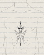 Butterfly sword tattoo design placed on male sternum, fae wings guard a heart, clean neotribal lines for a sharp yet elegant look. 