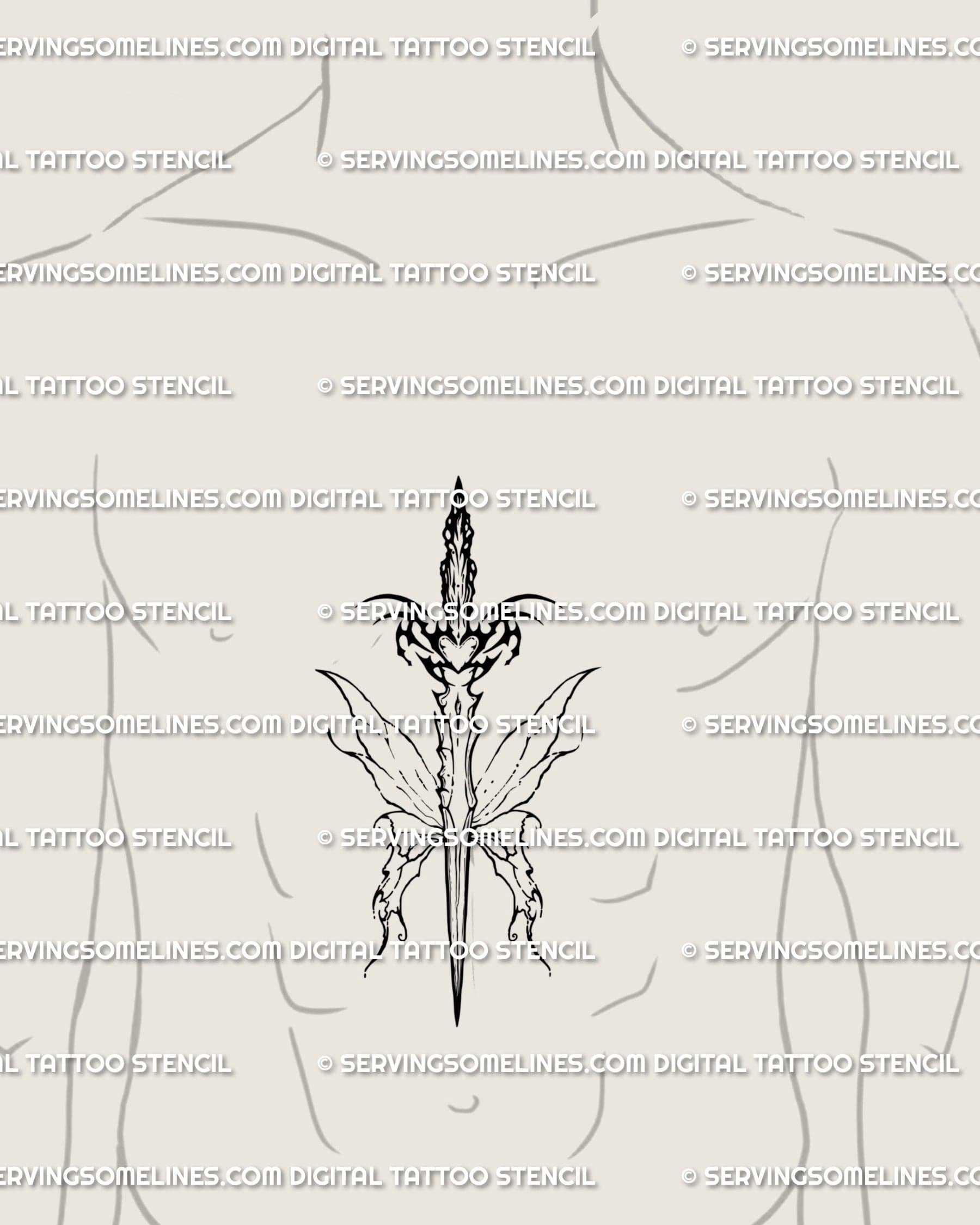 Butterfly sword tattoo design placed on male sternum, fae wings guard a heart, clean neotribal lines for a sharp yet elegant look. 