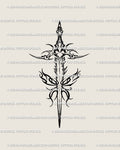 Butterfly sword tattoo stencil in neotribal linework, winged blade with spiked heart hilt and flame accents, balanced design for clean transfer.