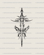 Butterfly sword tattoo stencil in gothic linework—winged blade, spiked heart hilt, and flame accents; balanced, high-contrast design optimized for clear transfer.