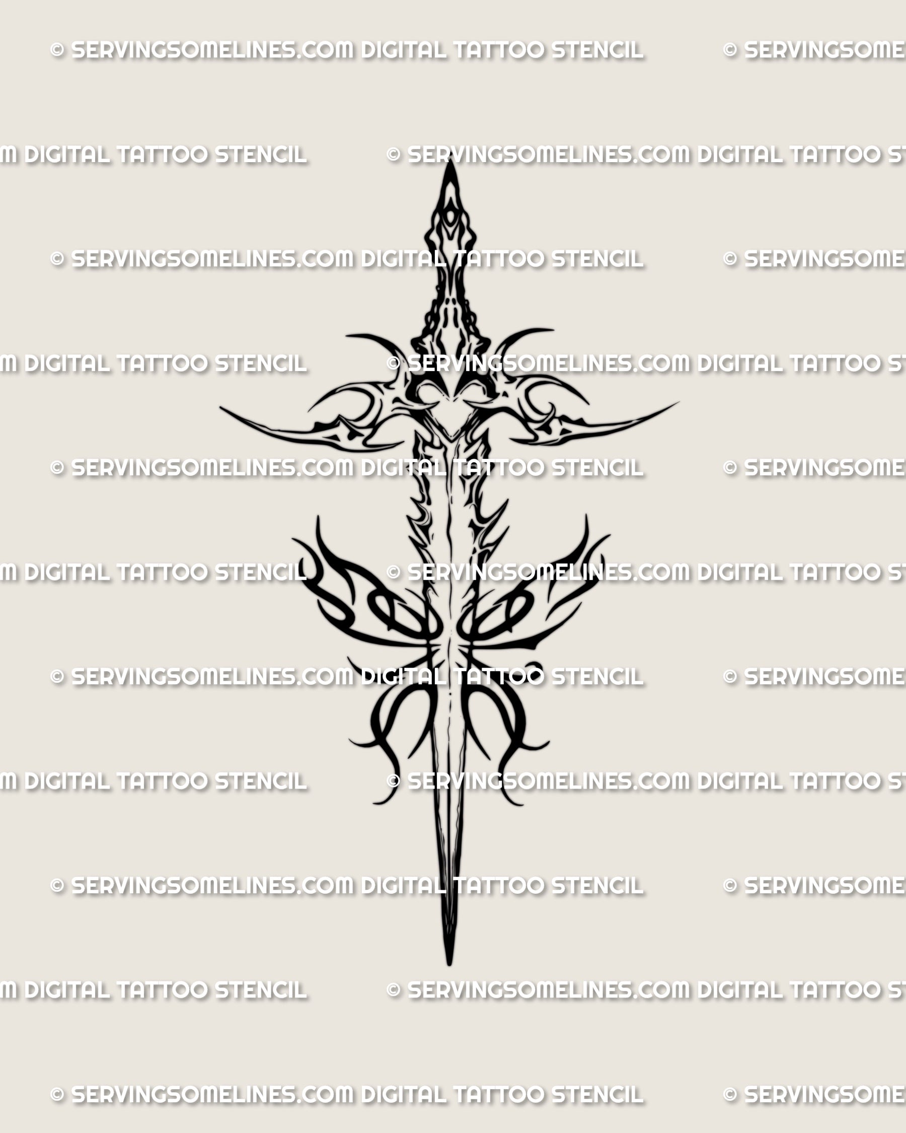 Butterfly sword tattoo stencil in gothic linework—winged blade, spiked heart hilt, and flame accents; balanced, high-contrast design optimized for clear transfer.