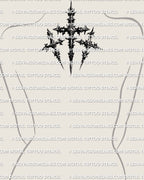 Three cross tattoo stencil shown on womens upper back placement, calvary cross tattoo design, vertical layout.