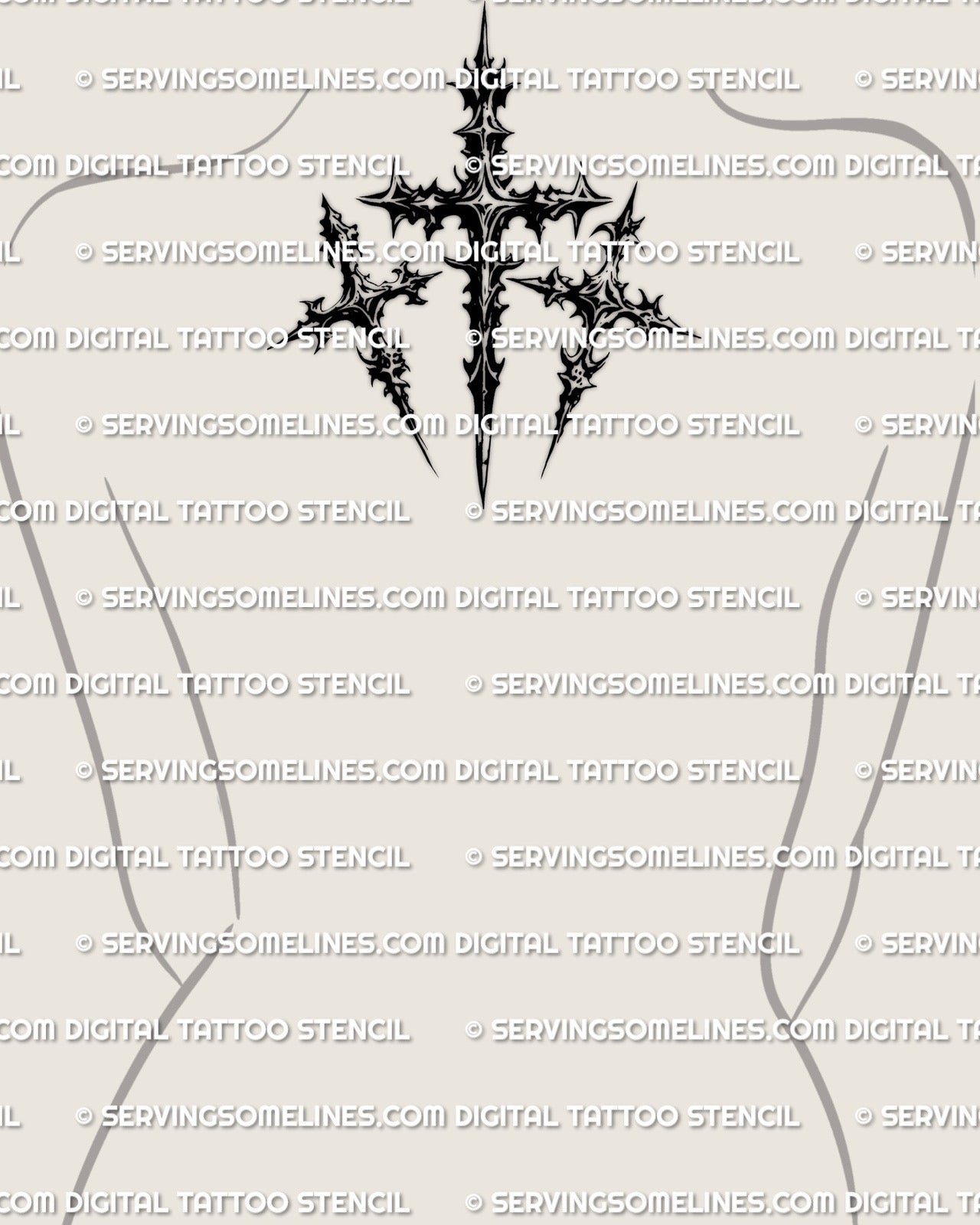 Three cross tattoo stencil shown on womens upper back placement, calvary cross tattoo design, vertical layout.