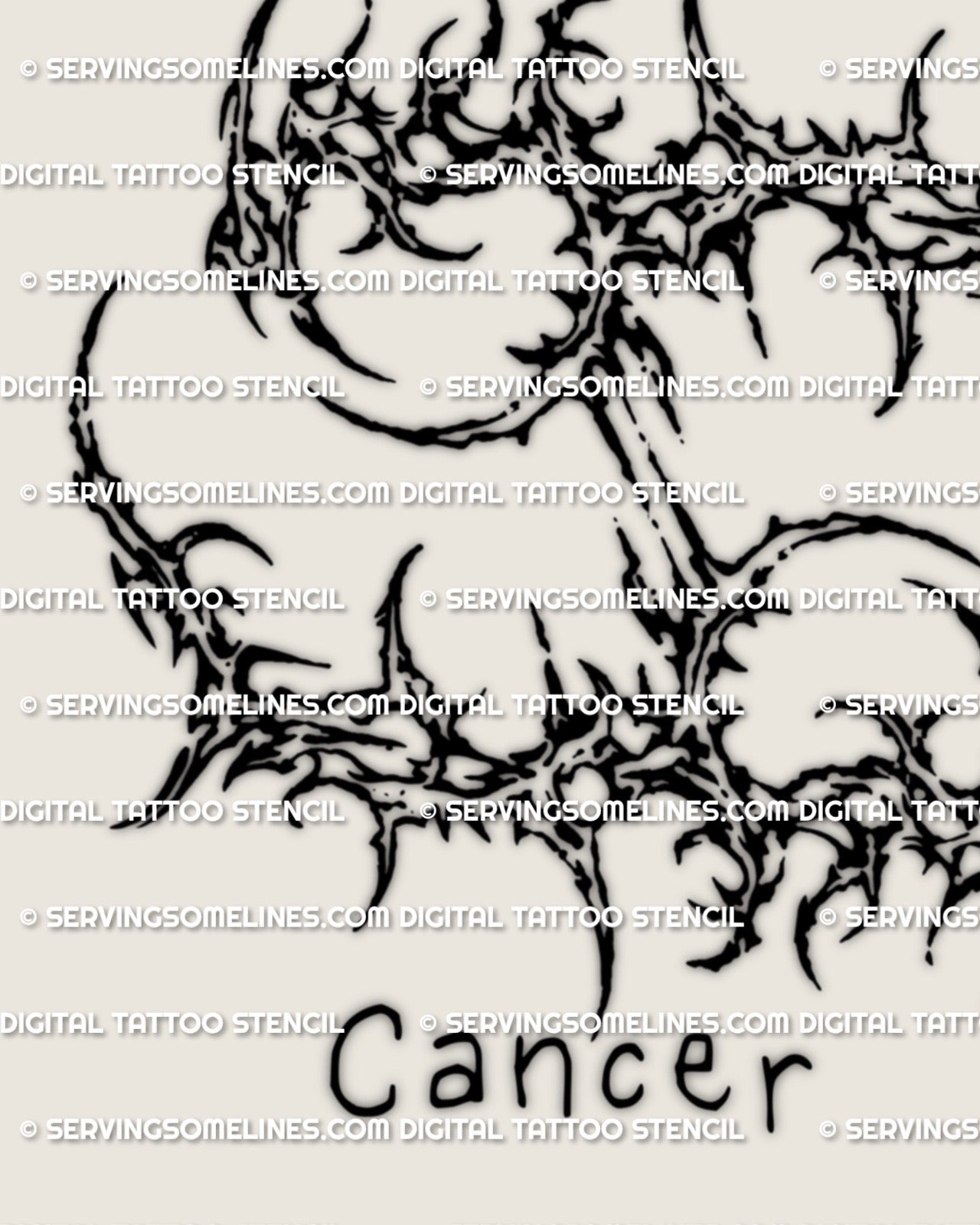 Closeup of Cancer glyph tattoo stencil, cybersigilism linework detail, digital download