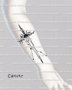 Displayed on forearm, Cancer zodiac sword tattoo design with constellation details and neotribal cybersigilism linework.
