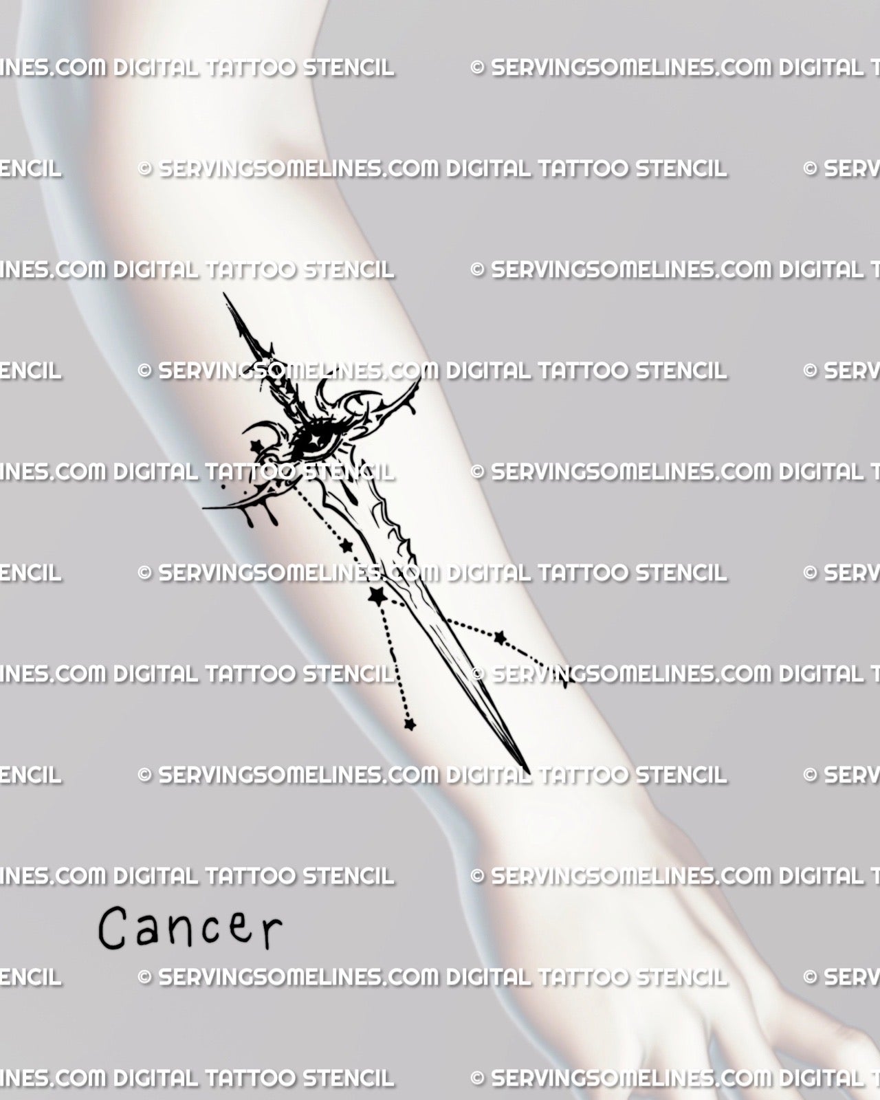 Displayed on forearm, Cancer zodiac sword tattoo design with constellation details and neotribal cybersigilism linework.