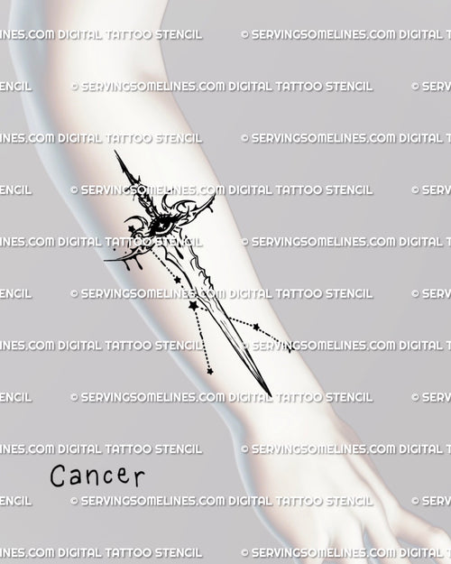 Displayed on forearm, Cancer zodiac sword tattoo design with constellation details and neotribal cybersigilism linework.