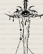 Close-up of crying eye guard detail on Cancer sword tattoo stencil, crisp blackwork lines for stencil transfer.