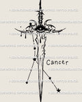 Cancer sword tattoo stencil design with crying eye guard, blackwork linework, instant download PNG JPEG PDF.