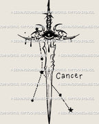 Cancer sword tattoo stencil design with crying eye guard, blackwork linework, instant download PNG JPEG PDF.