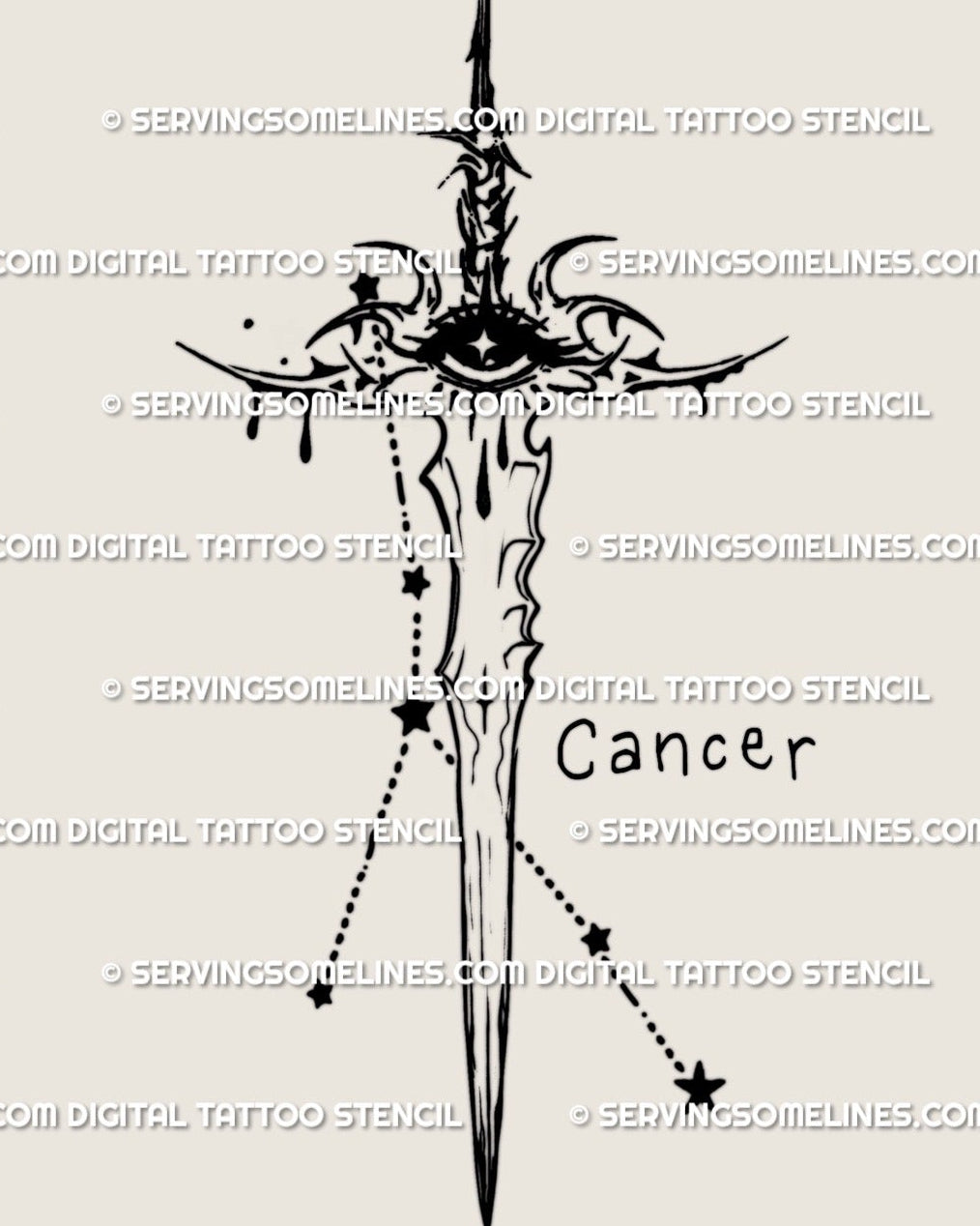 Cancer sword tattoo stencil design with crying eye guard, blackwork linework, instant download PNG JPEG PDF.