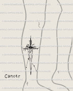Cancer sword tattoo stencil displayed on lower leg calf placement example, zodiac sword design with crying eye.