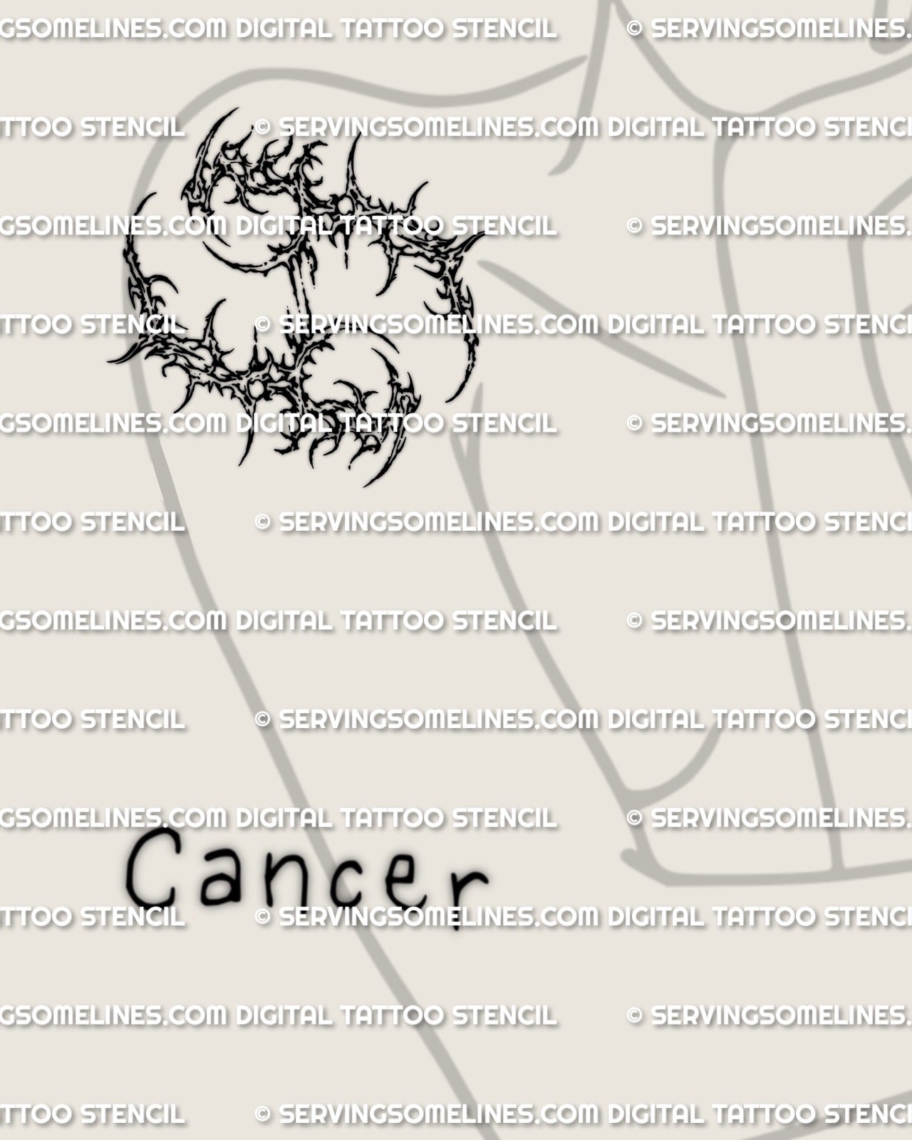 Cancer tattoo stencil shown on womens shoulder placement, zodiac glyph stencil download