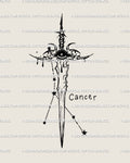 Cancer constellation sword tattoo stencil with crying eye and stars, celestial cybersigilism design for zodiac ink lovers.