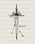 Cancer constellation sword tattoo stencil with crying eye and stars, celestial cybersigilism design for zodiac ink lovers.