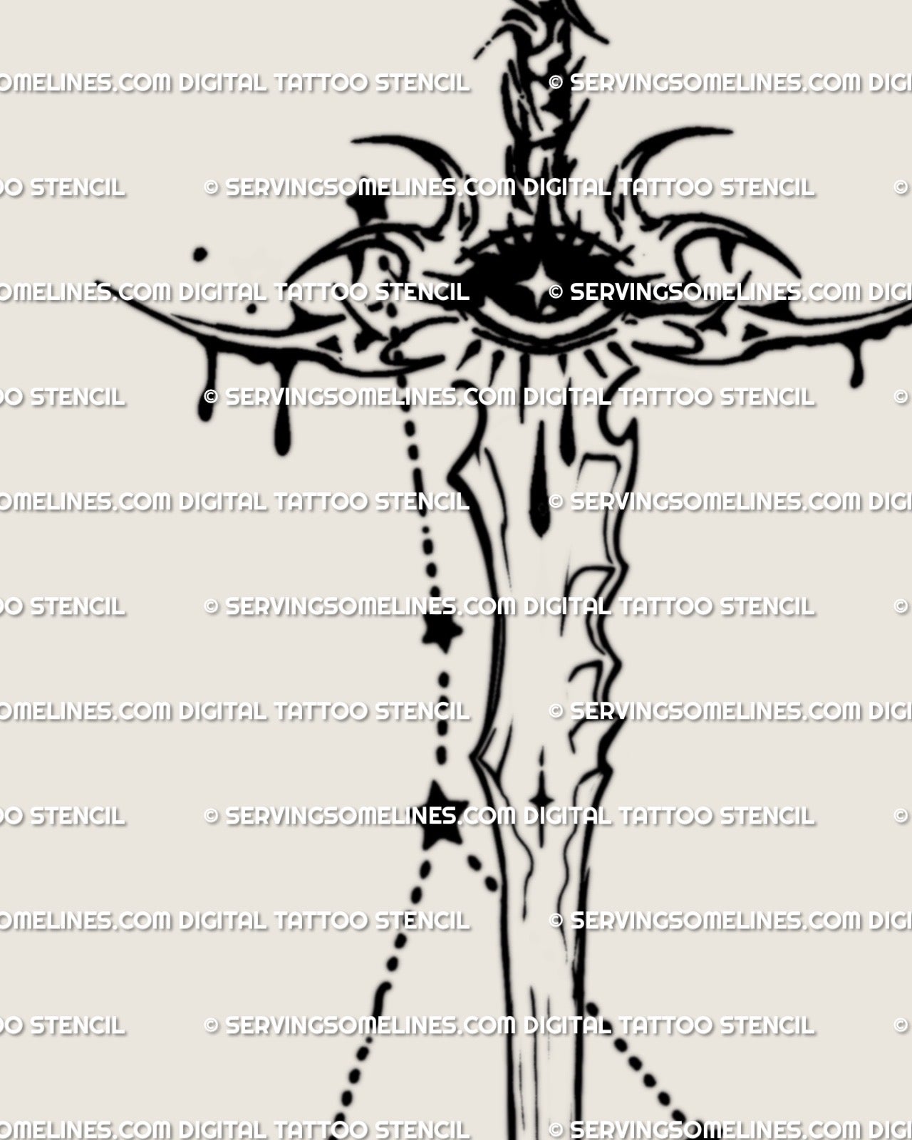 Celestial Cancer sword tattoo stencil in cybersigilism blackwork, showing constellation lines and crying eye symbol.
