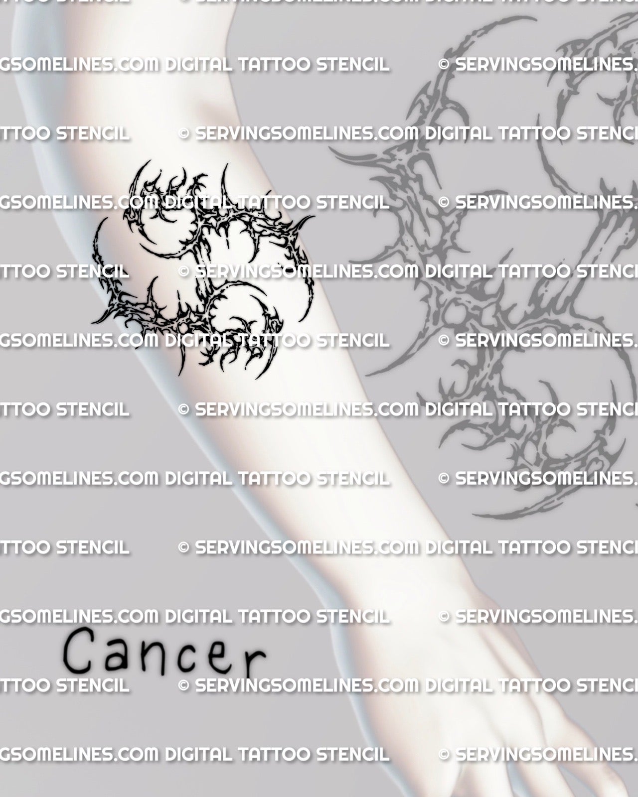 Cancer zodiac tattoo stencil shown on forearm placement, cyber sigil glyph stencil download