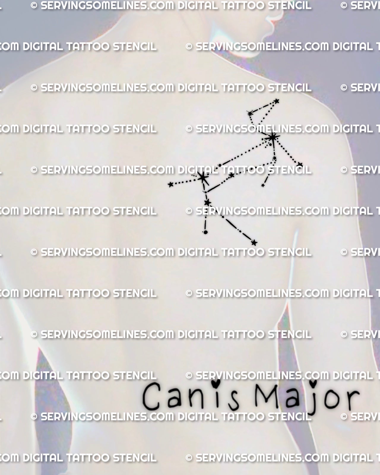 Canis Major constellation tattoo stencil shown on men’s shoulder placement, clean star points and Sirius focal star, digital download.