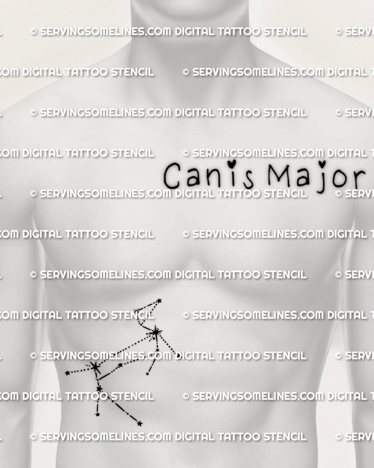 Canis Major tattoo stencil displayed on men’s side stomach placement, minimalist constellation stars with Sirius point, printable download files.